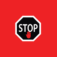 Stop sign with hand icon warning concept against red background symbol
