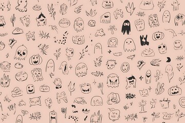 Naklejka premium Spooky doodles on a pink backdrop