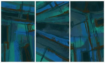 Modern interior triptych. The picture is painted by hand on a tablet.