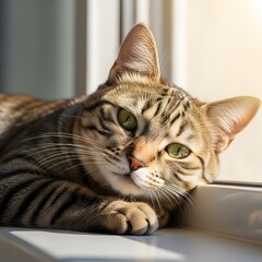 Close-Up of Tabby Cat Relaxing on Sunny Window
