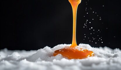 Thick Orange Liquid Dripping from Wooden Stick onto White Snow with Black Background