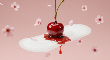 Artistic representation of menstrual period with cherry and blood-like juice on pad, minimal pink backdrop with cherry blossoms