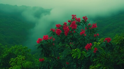 Lush foliage with vibrant blossoms in a misty mountain valley.