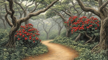 A path through a misty forest filled with vibrant flowers.
