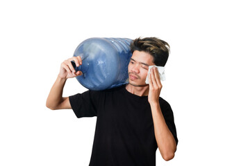 Tired Man Carrying Heavy Water Jug on Shoulder, Sweating and Wiping Forehead