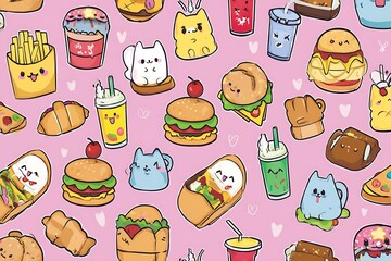 Kawaii food and cats pattern background