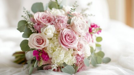 Obraz premium Elegant wedding bouquet of pink and white roses and hydrangeas