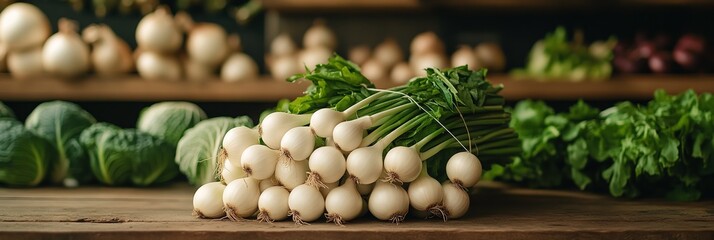 Fresh White Onions and Garlic Bulbs with Green Stems Neatly Arranged on Table