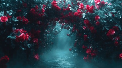 A rose-filled pathway in a misty garden.
