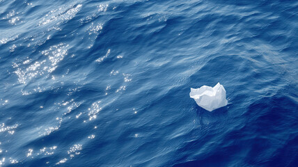Naklejka premium Single piece of trash floats in vast, clean ocean, creating powerful contrast against deep blue water and sparkling sunlight reflections