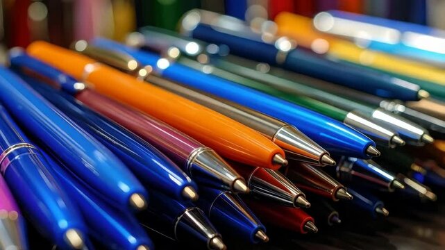 Collection of colorful ballpoint pens in assorted hues arranged closely together on dark surface for writing or office supplies.