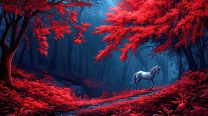 A mystical forest path with a solitary white horse.