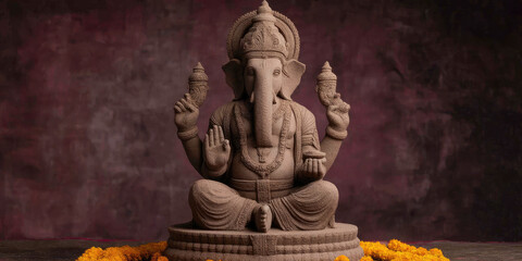 A stone sculpture of an elephant-headed deity is seated with flowers around it. Spirituality, meditation, and cultural symbolism