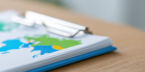Stack of documents with colorful maps is placed on a wooden table. Office, organization, planning