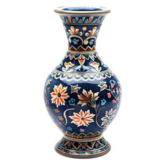 intricate Multani blue pottery vase with floral arabesque, isolated on white