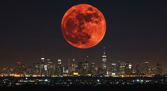 A red full moon rising over the city in the night sky. A majestic celestial body in the sky. A cosmic event for astrology and the night sky.