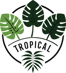 Minimalist Tropical Logo with Monstera Leaves and Palm Frond Framed by Circle and Text Ideal for Branding Business or Decorative Design Projects Isolated on White