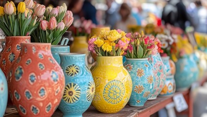 Fototapeta premium Spring Market with Colorful Vases, Potted Flowers, Handmade Jewelry, and Vintage Decor