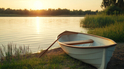 Obraz premium Classic wooden rowboat resting on shore by tranquil river at sunset 