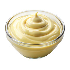 Delicious creamy mayonnaise in a glass bowl swirled texture