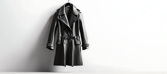 Fashion-Forward Leather Trench Coat Positioned with Empty Space to Support Custom Layouts, Promotional Content, or Visual Design Needs
