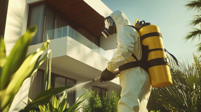 Pest Control Service. Professional pest exterminator wearing protective suit and mask spraying pesticide on garden plants near modern house.