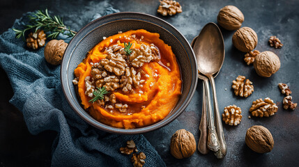 Fresh spinach salad with figs and quinoa in ceramic bowl on neutral background, healthy vegan lunch idea