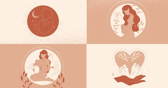 Motherhood and pregnancy. Moving banner with pregnant woman, fetus, newborn baby in mother hands and childbirth sequential scenes. Monochrome minimalistic video. Flat graphic animated cartoon