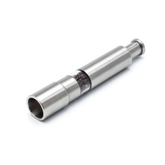 Close-up of a stainless steel manual pepper grinder standing upright on a white background. The sleek, modern design includes a transparent section showing colorful peppercorns inside the chamber.