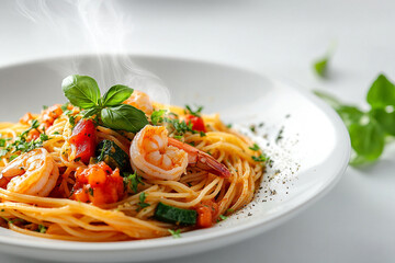 Spaghetti with shrimps, tomato and chopped parsley. AI generative