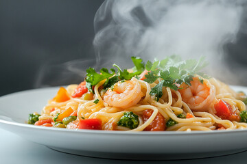 Spaghetti with shrimps, tomato and chopped parsley. AI generative