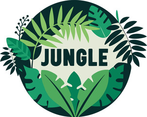 Vector Illustration of the Word Jungle Surrounded by Tropical Leaves in a Circular Shape Perfect for Summer Vacation or Nature Themed Designs and Creative Projects