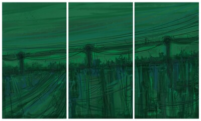 Modern interior triptych. The picture is painted by hand on a tablet.