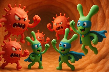 Renderização 3D médica infantil: bifidobactérias benéficas lutam contra bactérias patogênicas nocivas dentro do estômago. Imunidade