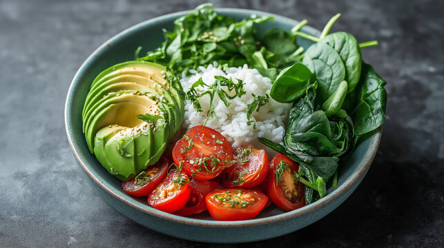 Healthy vegan bowl with avocado, cherry tomatoes, rice and fresh spinach on gray concrete kitchen countertop