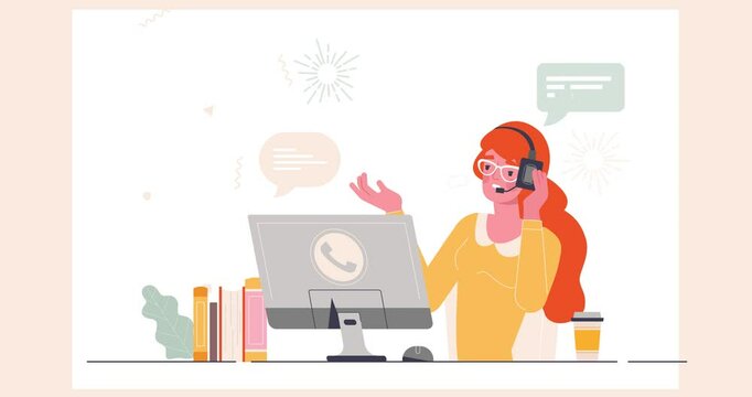 Call center. Moving banner with happy female hotline or customer support employee answering user questions and solving customer problems. Technical support. Flat graphic animated cartoon