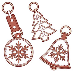 Christmas ornaments snowflake tree and bell isolated on white background