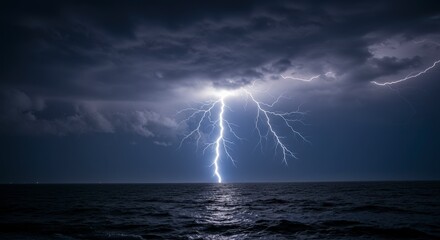 A dramatic lightning strike over the ocean during a storm.