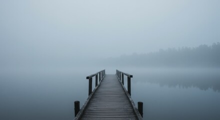 Fototapeta premium A foggy morning at a calm lake with a wooden pier extending into the misty water.
