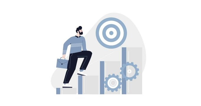 Career development. Moving banner with male office worker climbing up to his target. Ambitious entrepreneur improves his skills to achieve business goals and success. Flat graphic animated cartoon