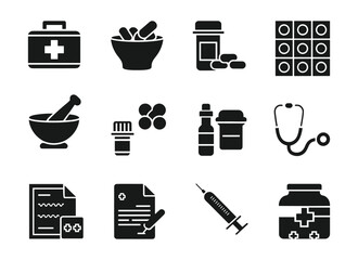Medical and Pharmaceutical Icon Set  Vector Healthcare Symbols for Medicine, Pharmacy, and Hospital Use.