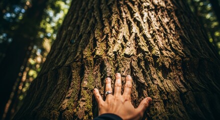 A human hand touching a tree trunk in a forest setting, with sunlight filtering through the leaves.