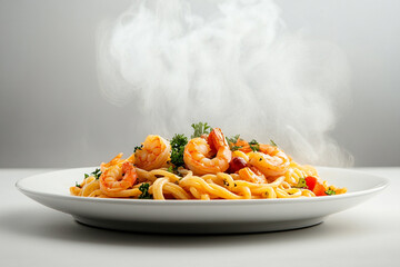 Spaghetti with shrimps, tomato and chopped parsley. AI generative
