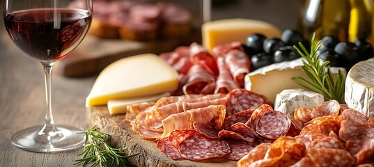 Artisan Meat and Cheese Board with Wine Tasting Ambiance and Blank Space Reserved for Brand or Product Placement