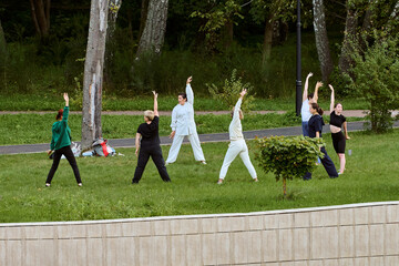 Diverse group practicing qigong on grass in park. Mixed ages, mostly adults. Cloudy weather, calm energy. Wearing varied casual outfits backdrop of lush greenery