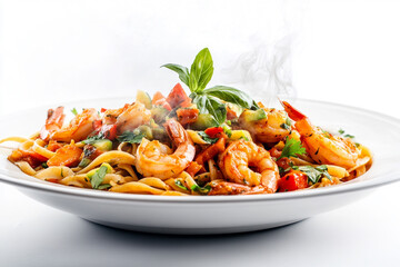 Spaghetti with shrimps, tomato and chopped parsley. AI generative