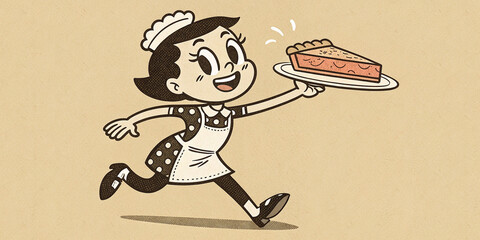 Lovable retro cartoon diner pie server mascot with slice, in 1950s screen printing.