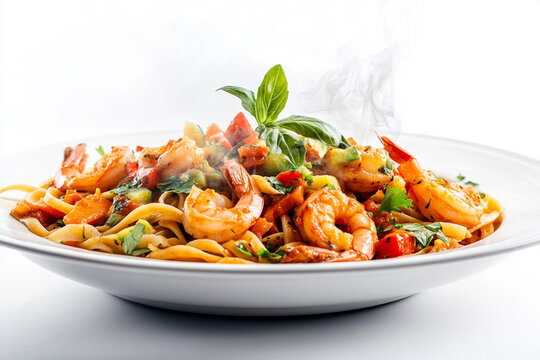 Spaghetti with shrimps, tomato and chopped parsley. AI generative