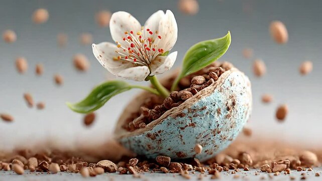 Blossoming Beauty: A flower emerges from an eggshell with floating soil particles