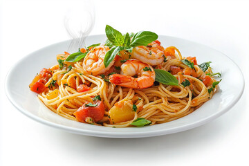 Spaghetti with shrimps, tomato and chopped parsley. AI generative